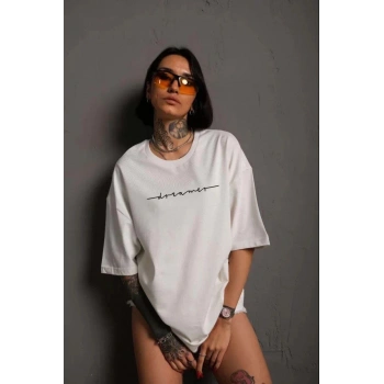 Unisex Kadın Bisiklet Yaka Baskılı T-Shirt - Beyaz