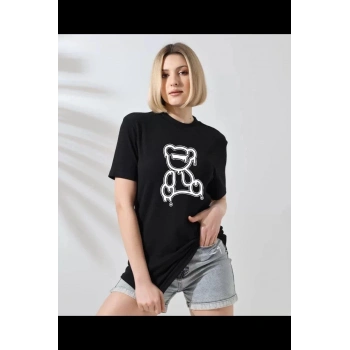 Unisex Kadın Bisiklet Yaka Baskılı T-Shirt - Siyah