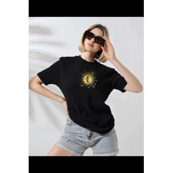 Unisex Kadın Bisiklet Yaka Baskılı T-Shirt - Siyah