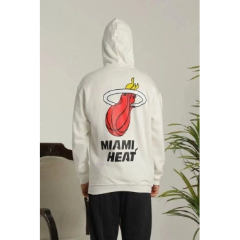 Unisex Kapşonlu Baskılı Sweetshirt - Beyaz