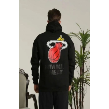 Unisex Kapşonlu Baskılı Sweetshirt - Siyah