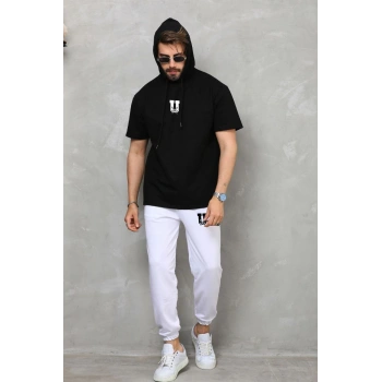 Erkek  Kapşonlu Oversize T-Shirt Takım - Siyah