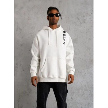 Unisex Kapşonlu Uzun Kol Baskılı Sweetshirt - Beyaz