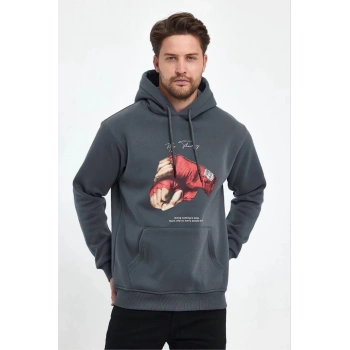 Erkek Kapüşonlu Üç İplik Pamuklu Baskılı Sweatshirt - Füme