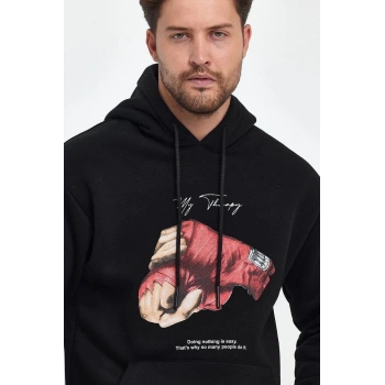 Unisex Kapüşonlu Üç İplik Oversize Baskılı Sweatshirt - Siyah