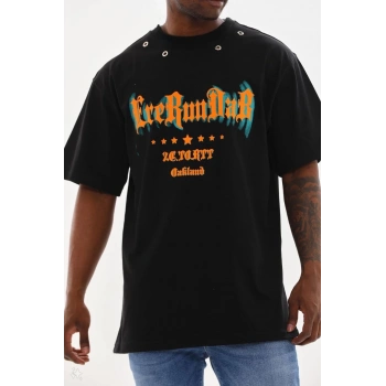 Unisex Kuşgözü Detaylı Baskılı Oversize T-Shirt - Siyah