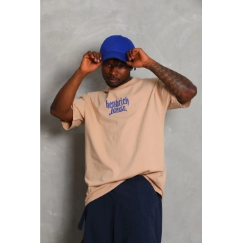 Unisex Oversize Baskılı Bisiklet Yaka T-Shirt - Bej