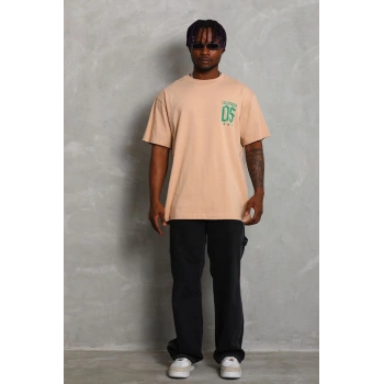 Unisex Oversize Baskılı Bisiklet Yaka T-Shirt - Bej