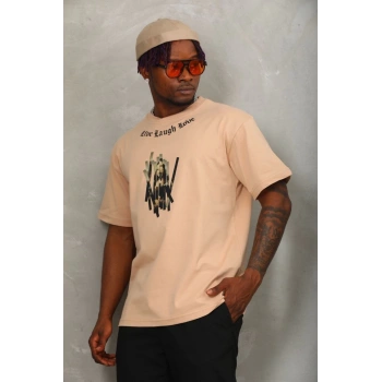 Unisex Oversize Baskılı Bisiklet Yaka T-Shirt - Bej