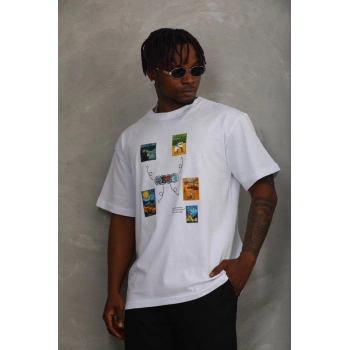 Unisex Oversize Baskılı Bisiklet Yaka T-Shirt - Beyaz