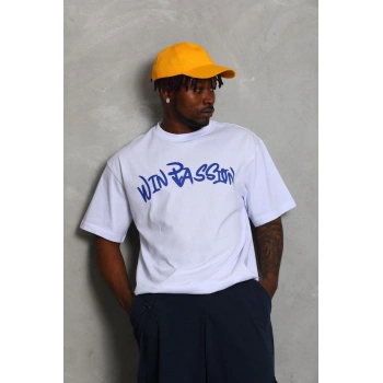 Unisex Oversize Baskılı Bisiklet Yaka T-Shirt - Beyaz