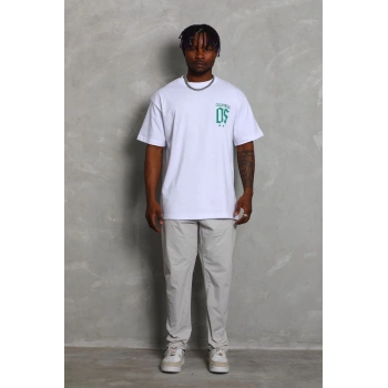 Unisex Oversize Baskılı Bisiklet Yaka T-Shirt - Beyaz