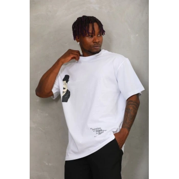 Unisex Oversize Baskılı Bisiklet Yaka T-Shirt - Beyaz