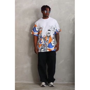 Unisex Oversize Baskılı Bisiklet Yaka T-Shirt - Beyaz