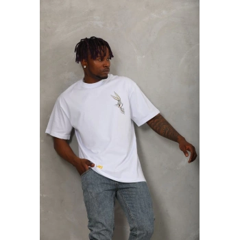 Unisex Oversize Baskılı Bisiklet Yaka T-Shirt - Beyaz