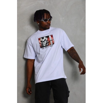 Unisex Oversize Baskılı Bisiklet Yaka T-Shirt - Beyaz