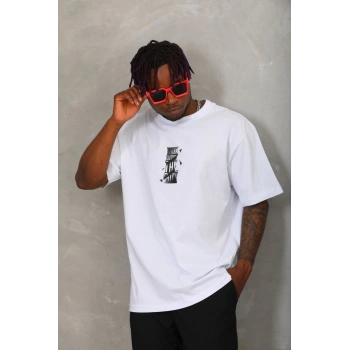 Unisex Oversize Baskılı Bisiklet Yaka T-Shirt - Beyaz