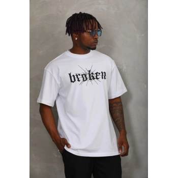 Unisex Oversize Baskılı Bisiklet Yaka T-Shirt - Beyaz