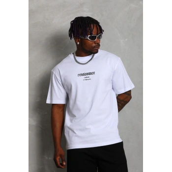 Unisex Oversize Baskılı Bisiklet Yaka T-Shirt - Beyaz