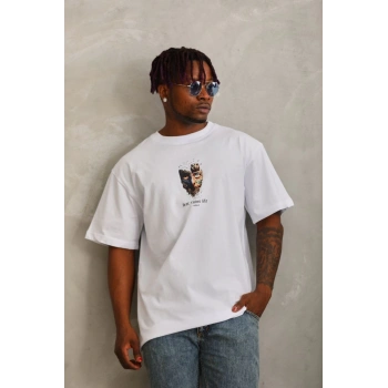 Unisex Oversize Baskılı Bisiklet Yaka T-Shirt - Beyaz