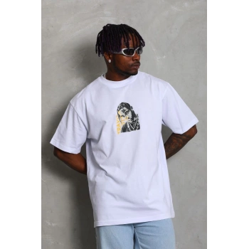 Unisex Oversize Baskılı Bisiklet Yaka T-Shirt - Beyaz
