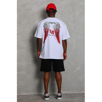 Unisex Oversize Baskılı Bisiklet Yaka T-Shirt - Beyaz