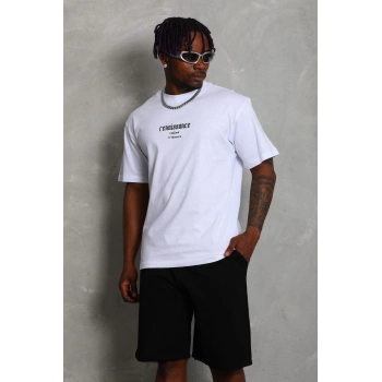 Unisex Oversize Baskılı Bisiklet Yaka T-Shirt - Beyaz