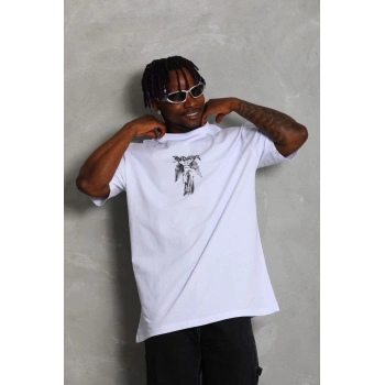 Unisex Oversize Baskılı Bisiklet Yaka T-Shirt - Beyaz