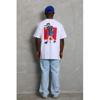 Unisex Oversize Baskılı Bisiklet Yaka T-Shirt - Beyaz