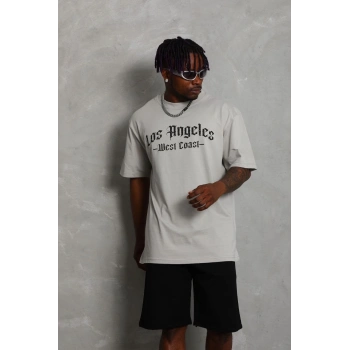 Unisex Oversize Baskılı Bisiklet Yaka T-Shirt - Gri