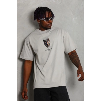 Unisex Oversize Baskılı Bisiklet Yaka T-Shirt - Gri