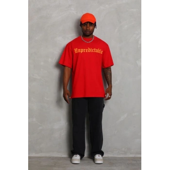 Unisex Oversize Baskılı Bisiklet Yaka T-Shirt - Kırmızı