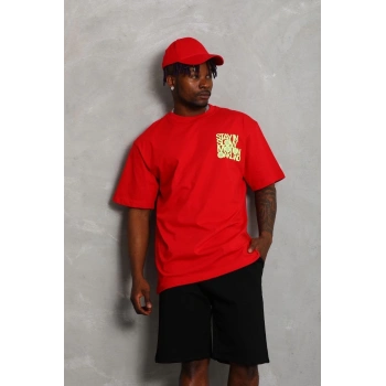 Unisex Oversize Baskılı Bisiklet Yaka T-Shirt - Kırmızı