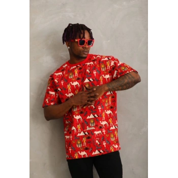 Unisex Oversize Baskılı Bisiklet Yaka T-Shirt - Kırmızı