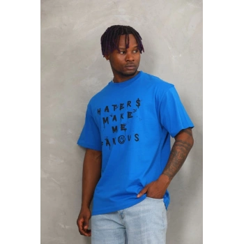 Unisex Oversize Baskılı Bisiklet Yaka T-Shirt - Mavi