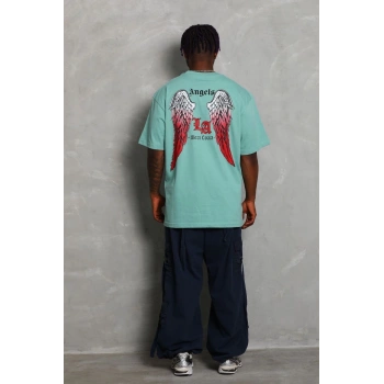 Erkek Baskılı Tişort Kısa Kol Bisiklet Yaka Ovarsize T-Shirt -  Mint Yeşili