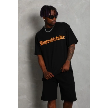 Unisex Oversize Baskılı Bisiklet Yaka T-Shirt - Siyah