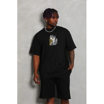 Unisex Oversize Baskılı Bisiklet Yaka T-Shirt - Siyah