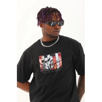 Unisex Oversize Baskılı Bisiklet Yaka T-Shirt - Siyah