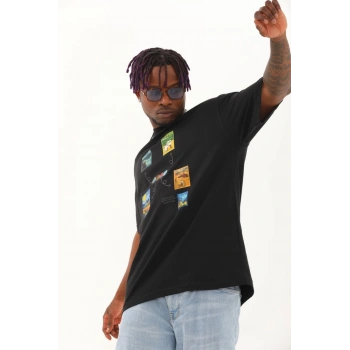Unisex Oversize Baskılı Bisiklet Yaka T-Shirt - Siyah