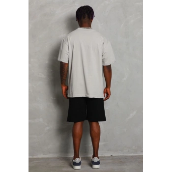 Unisex Oversize Düz Bisiklet Yaka T-Shirt - Gri