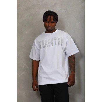 Unisex Oversize Taşlı Bisiklet Yaka T-Shirt - Beyaz