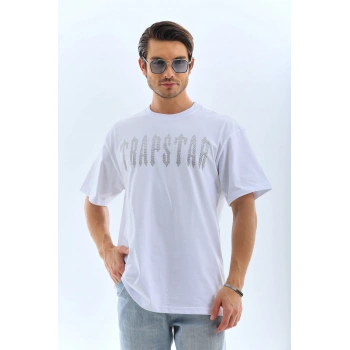 Unisex Oversize Taşlı Bisiklet Yaka T-Shirt - Beyaz