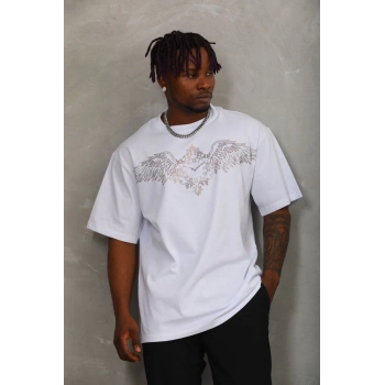 Unisex Oversize Taşlı Bisiklet Yaka T-Shirt - Beyaz