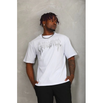 Unisex Oversize Taşlı Bisiklet Yaka T-Shirt - Beyaz