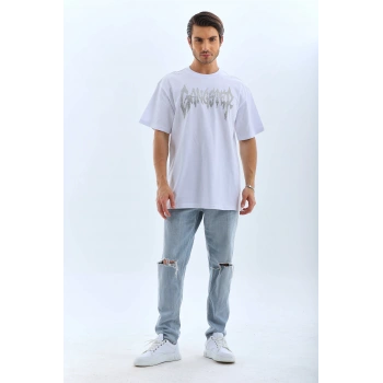 Unisex Oversize Taşlı Bisiklet Yaka T-Shirt - Beyaz