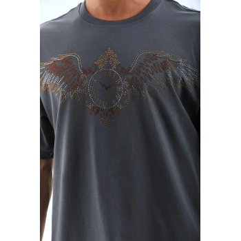 Unisex Oversize Taşlı Bisiklet Yaka T-Shirt - Füme