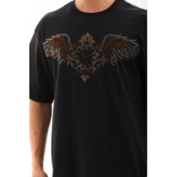 Unisex Oversize Taşlı Bisiklet Yaka T-Shirt - Siyah