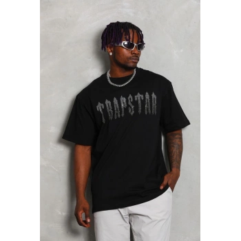 Unisex Oversize Taşlı Bisiklet Yaka T-Shirt - Siyah