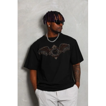 Unisex Oversize Taşlı Bisiklet Yaka T-Shirt - Siyah